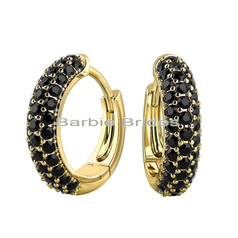 Exquisite Micro Pave 14K Gold Plated Black Cubic Zirconia Men Women Hoop Earring